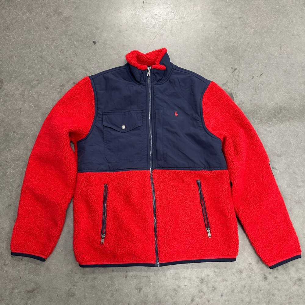 Polo Ralph Lauren Kids XL 18-20 Red Navy Blue Sherpa Fleece Hybrid Jacket